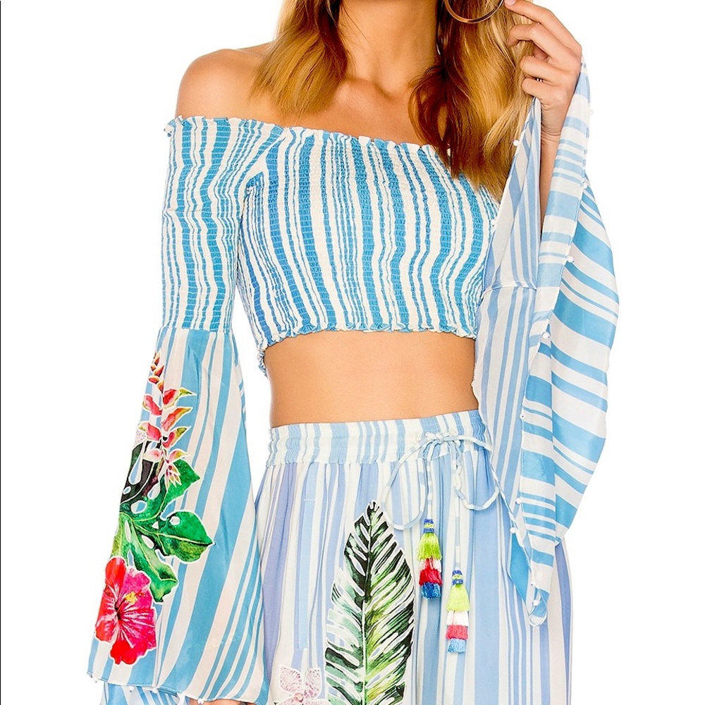 NWT XS Rococo Sand off-shoulder top w bead accents